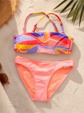 Aerie Neon Bandeau Bikini Set XS Coral Pink Tropical Print UPF 50 Swim